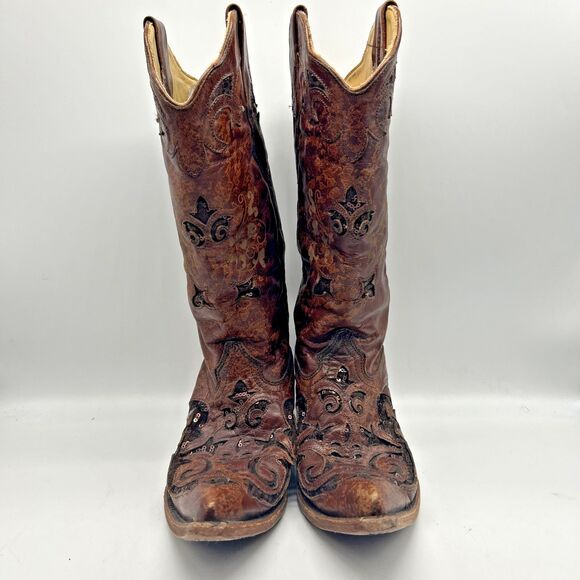 Corral Vintage Cowboy Boots Womens 6.5 Brown Sequin Inlay Embroidered  Western - Picture 3 of 8